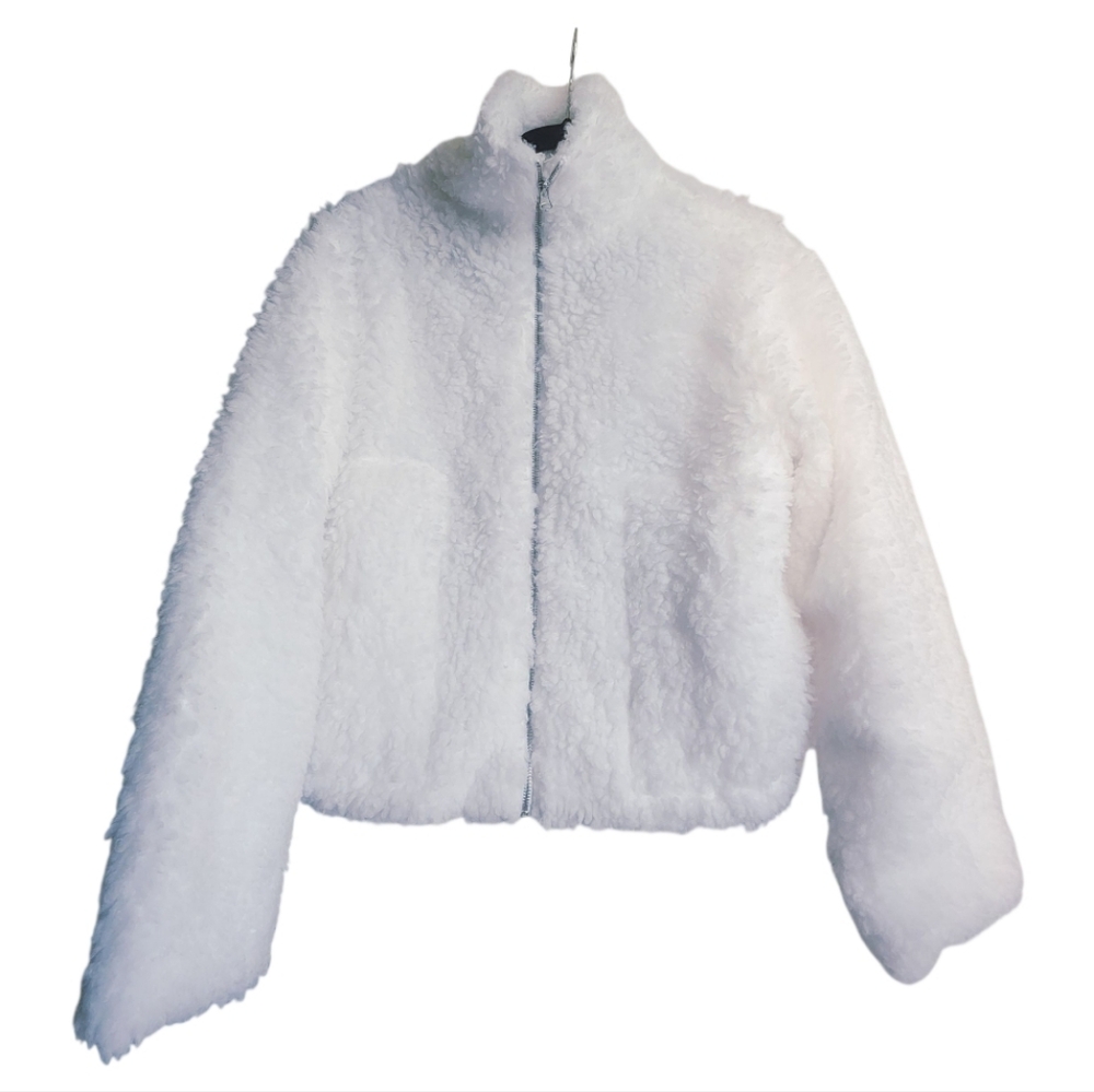 JIKAL Women's White Teddy Bear Fleece Jacket Crop Full Zip Sherpa Cozy M
